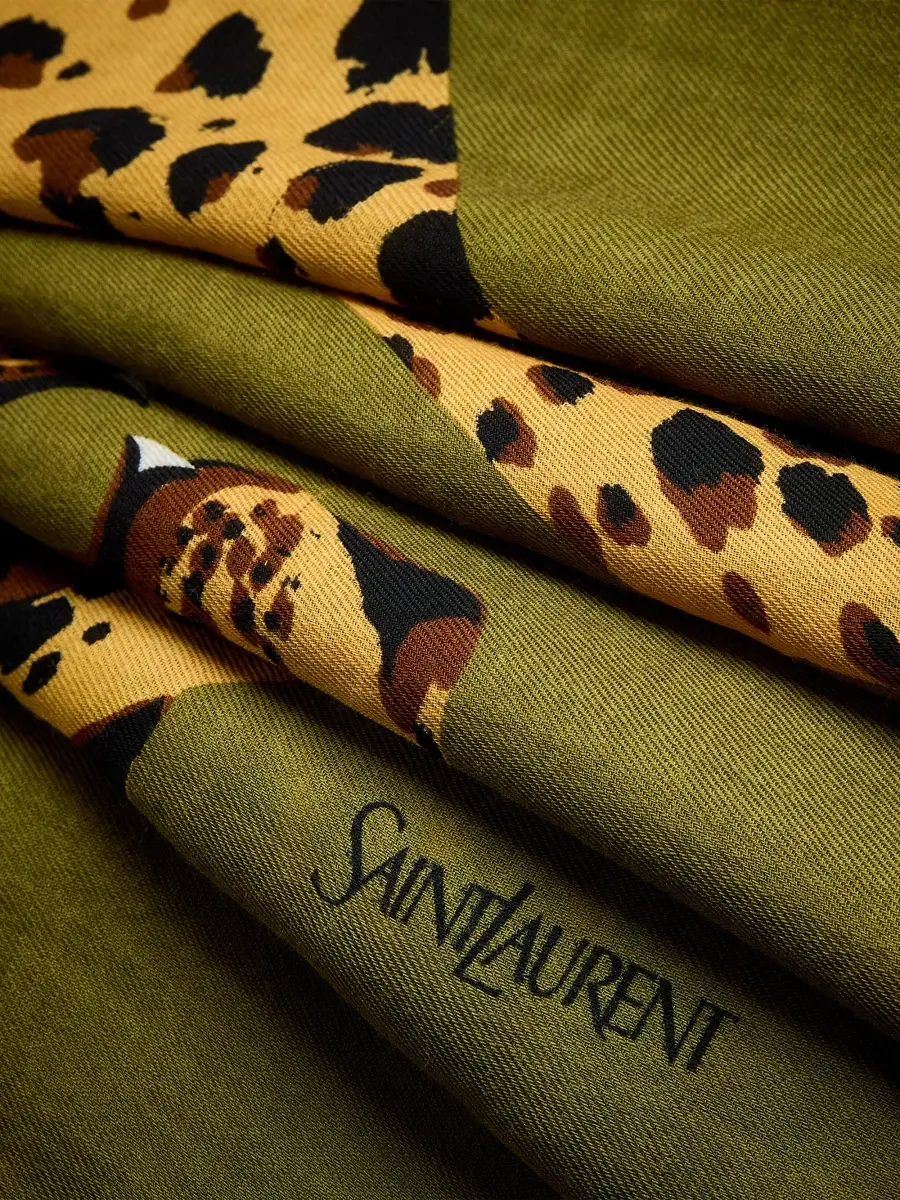 Saint Laurent Women's Leopard Stole in Wool Twill - Khaki Gold | Thumbnail 5 Saint Laurent Women's Leopard Stole in Wool Twill - Khaki Gold | Thumbnail 5
