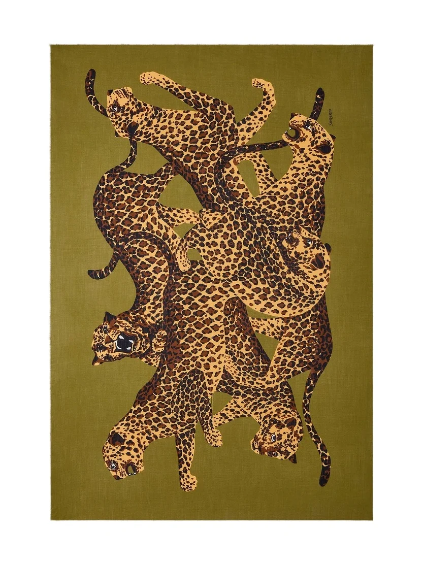 Women's Leopard Stole in Wool Twill - Khaki Gold