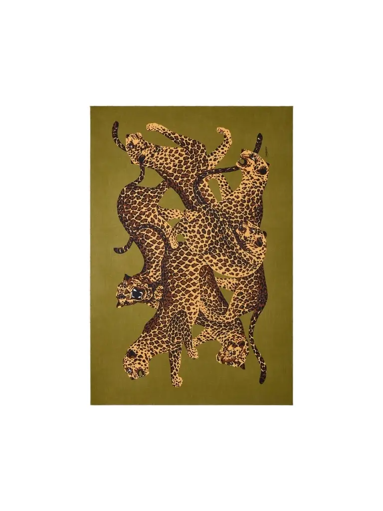 Women's Leopard Stole in Wool Twill - Khaki Gold Women's Leopard Stole in Wool Twill - Khaki Gold