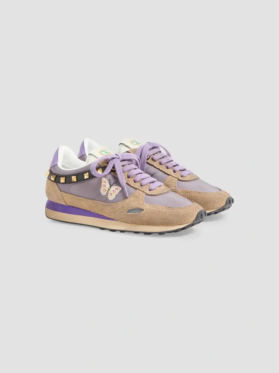 Valentino Women's Stud Up Sneaker in Split Leather and Nylon with Butterfly Embroidery - Lilac Multicolor | Thumbnail 2 Valentino Women's Stud Up Sneaker in Split Leather and Nylon with Butterfly Embroidery - Lilac Multicolor | Thumbnail 2
