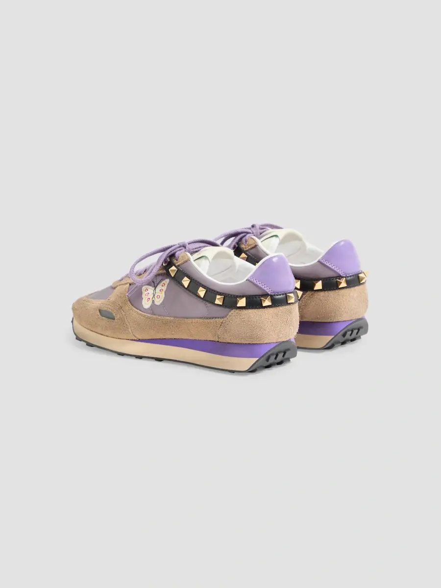 Valentino Women's Stud Up Sneaker in Split Leather and Nylon with Butterfly Embroidery - Lilac Multicolor | Thumbnail 4 Valentino Women's Stud Up Sneaker in Split Leather and Nylon with Butterfly Embroidery - Lilac Multicolor | Thumbnail 4