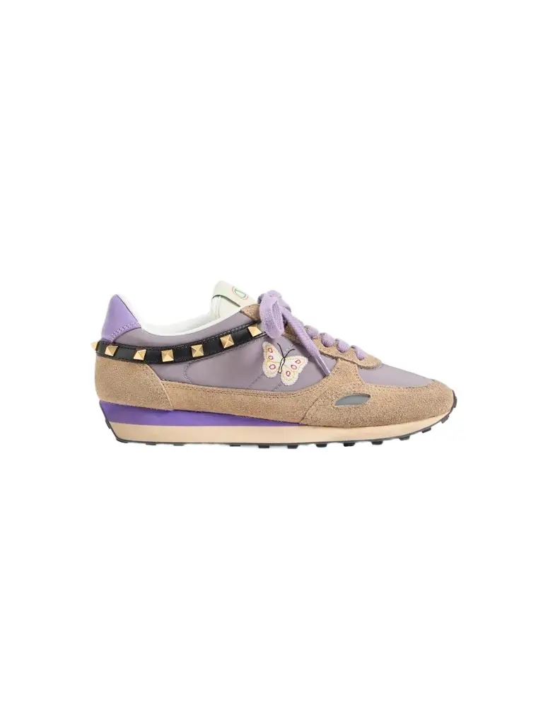 Women's Stud Up Sneaker in Split Leather and Nylon with Butterfly Embroidery - Lilac Multicolor