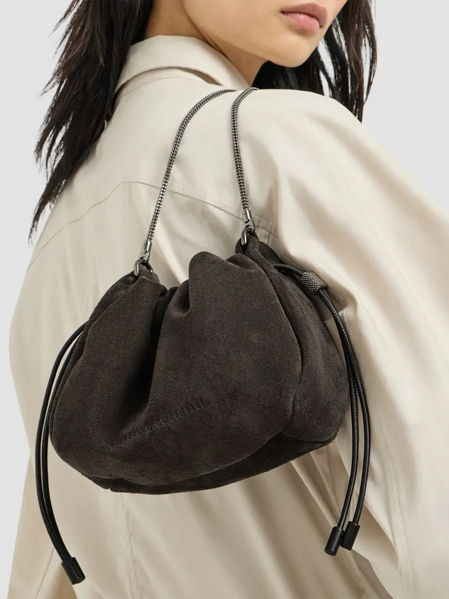 Brunello Cucinelli Women's Mellow Bucket Bag in Suede with Precious Chain - Pepper | Thumbnail 2 Brunello Cucinelli Women's Mellow Bucket Bag in Suede with Precious Chain - Pepper | Thumbnail 2