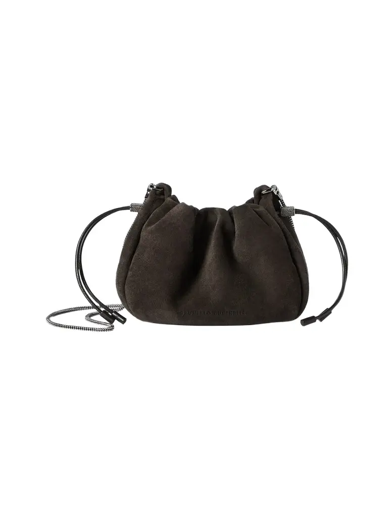 Brunello Cucinelli Women's Mellow Bucket Bag in Suede with Precious Chain - Pepper