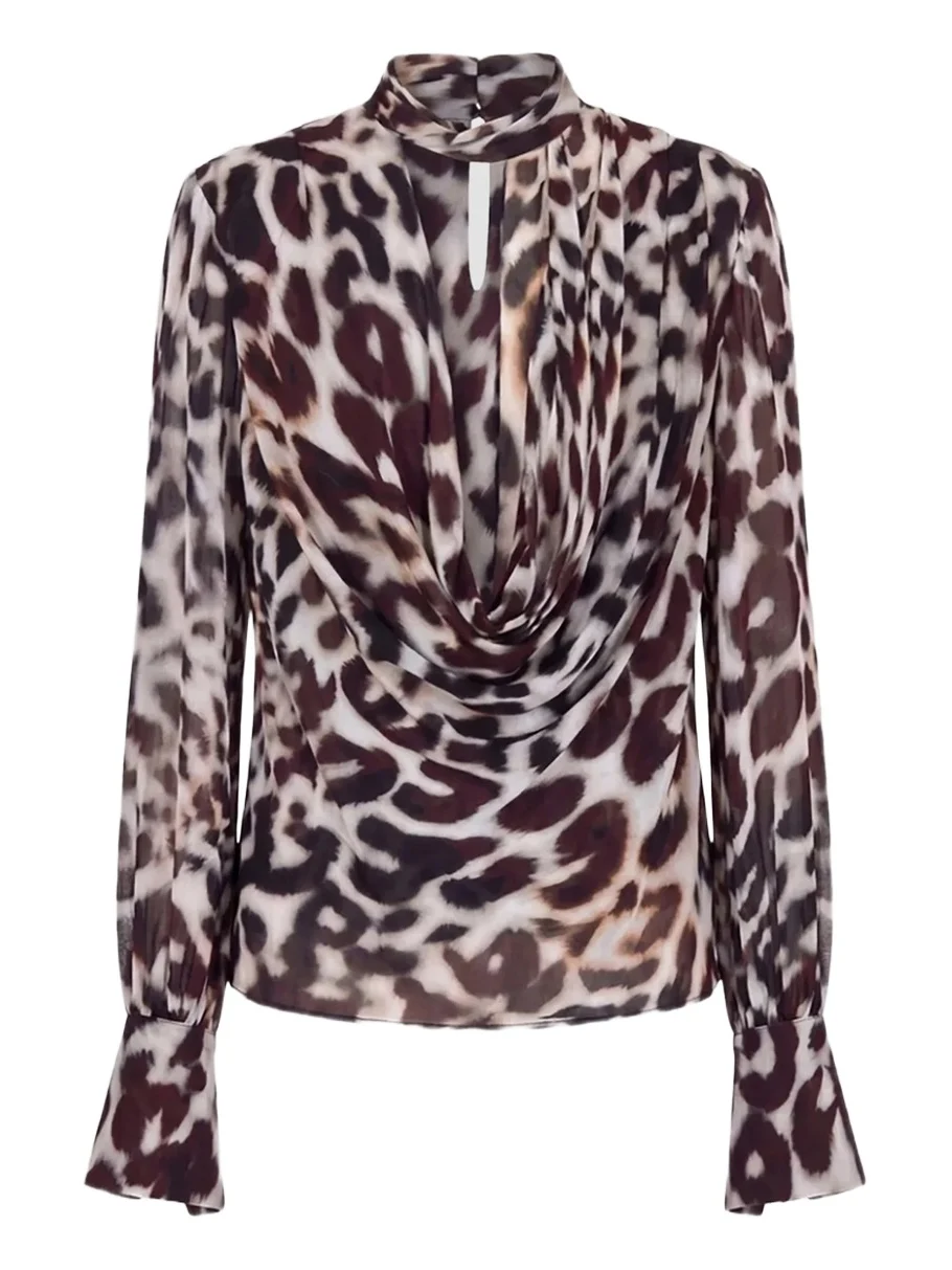 Women's Amara Leopard-Print Double-Layer Cowl Blouse Women's Amara Leopard-Print Double-Layer Cowl Blouse