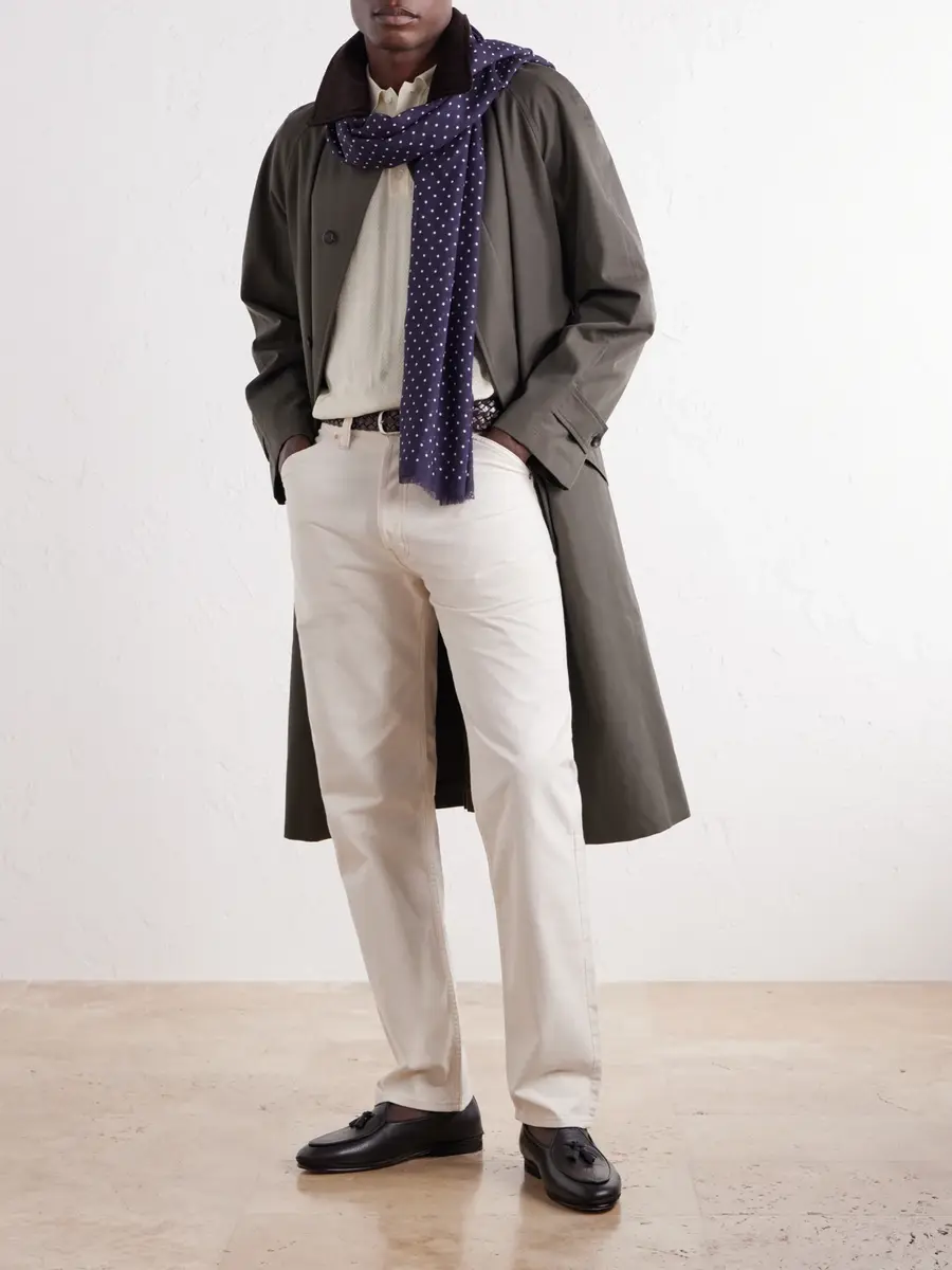 Drake's Shoestring Frayed Polka-Dot Wool and Silk-Blend Twill Scarf - Men | Thumbnail 2 Drake's Shoestring Frayed Polka-Dot Wool and Silk-Blend Twill Scarf - Men | Thumbnail 2