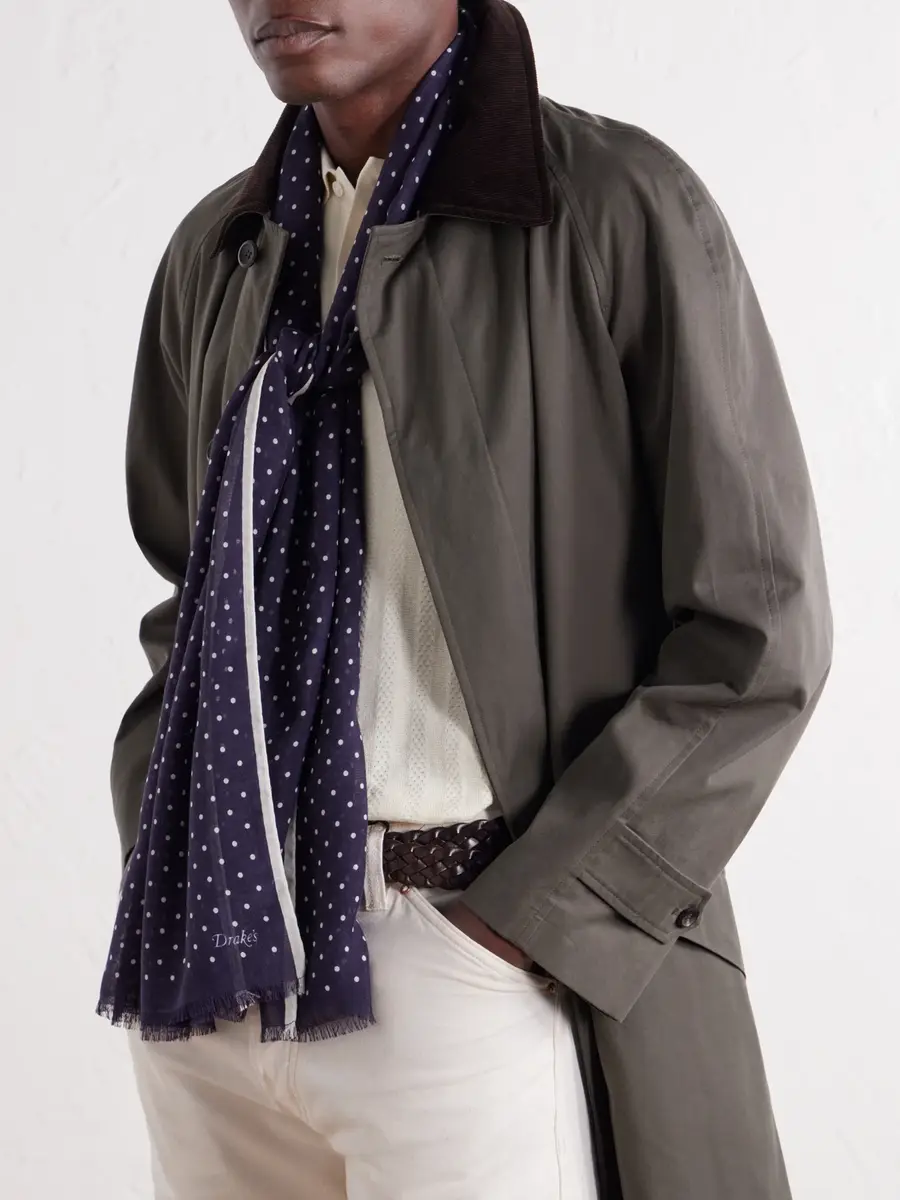 Drake's Shoestring Frayed Polka-Dot Wool and Silk-Blend Twill Scarf - Men | Thumbnail 3 Drake's Shoestring Frayed Polka-Dot Wool and Silk-Blend Twill Scarf - Men | Thumbnail 3