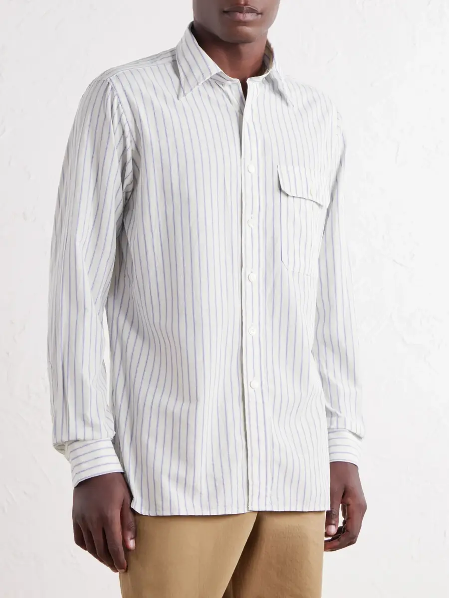 Drake's Striped Cotton and Linen-Blend Poplin Shirt - Men | Thumbnail 3