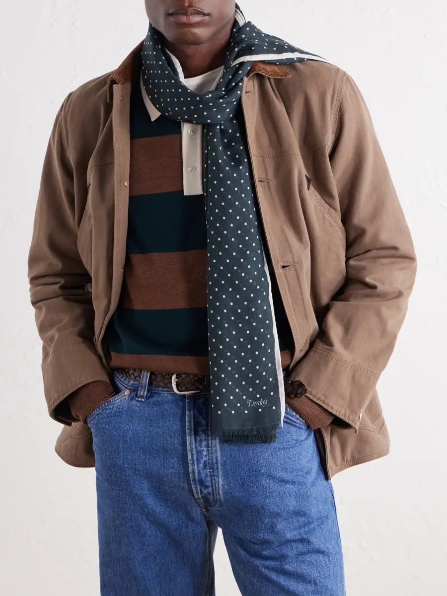 Drake's Shoestring Frayed Polka-Dot Wool and Silk-Blend Twill Scarf - Men | Thumbnail 3