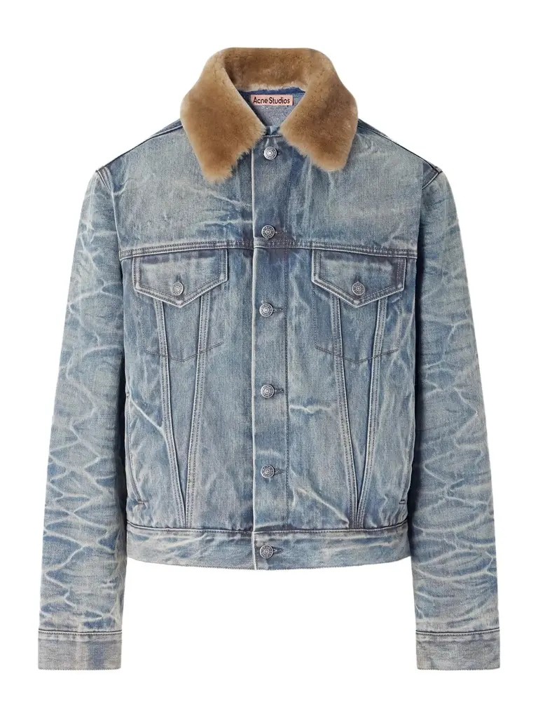 Distressed Plush-Trimmed Denim Jacket - Men Distressed Plush-Trimmed Denim Jacket - Men