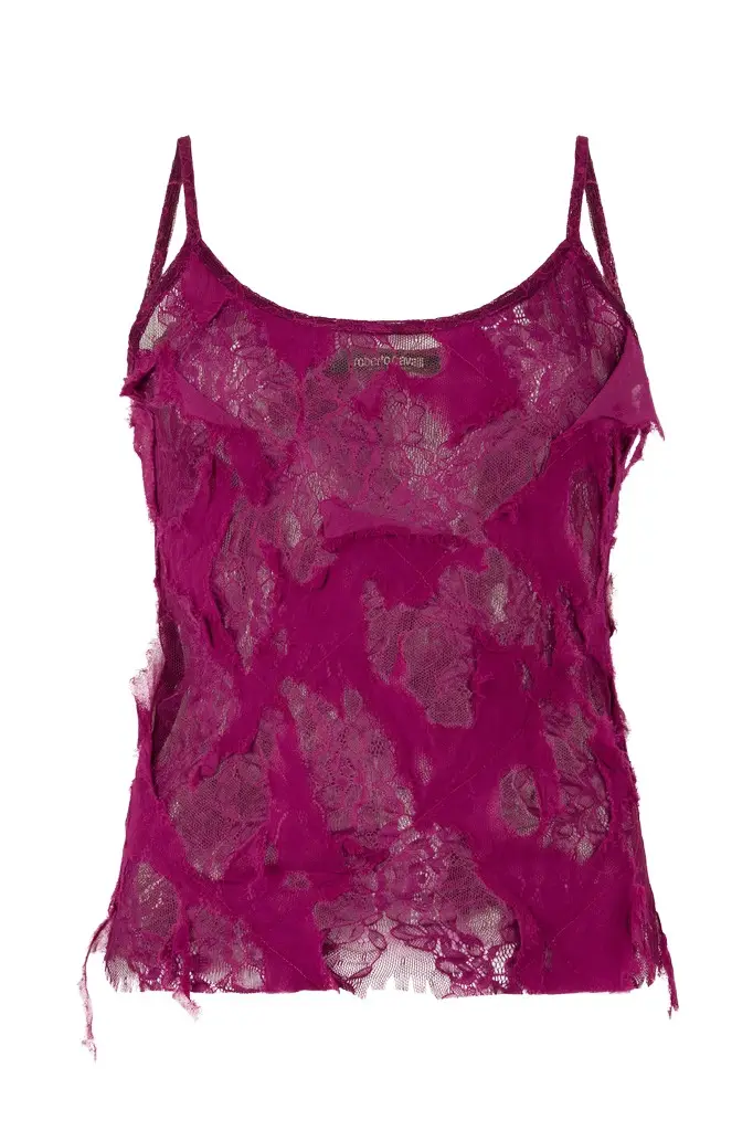 Roberto Cavalli Top with Destroyed-Effect Lace