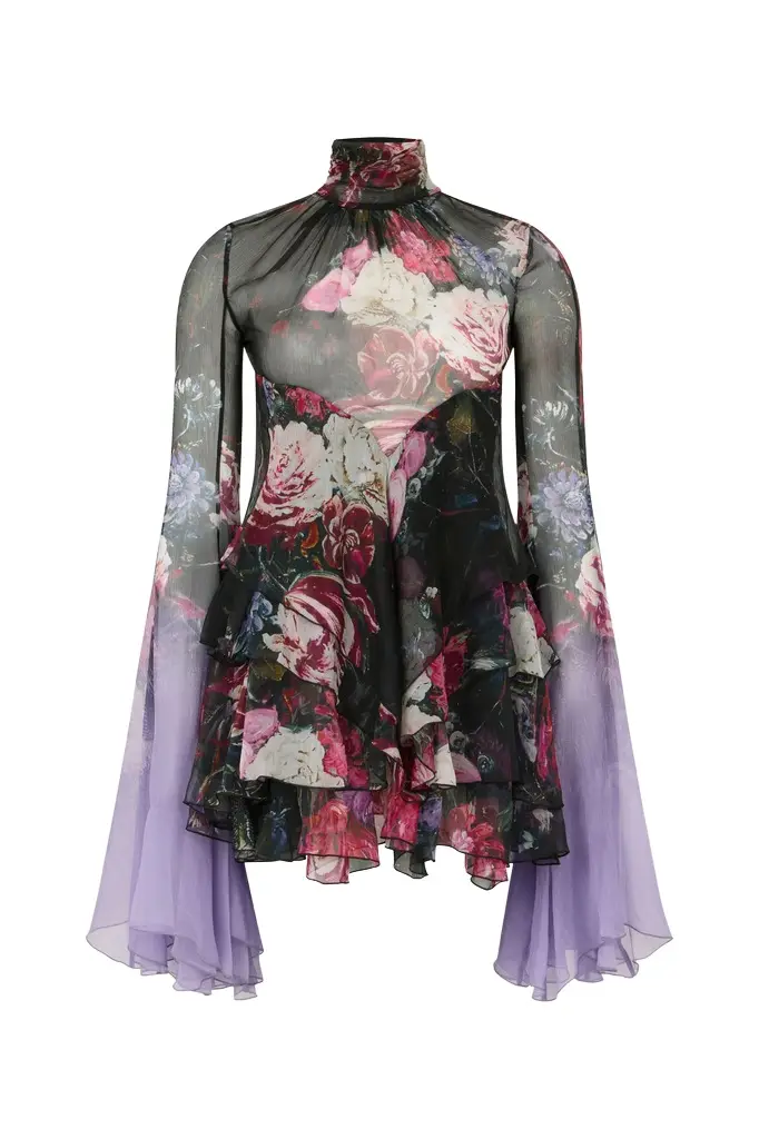 Silk Mini Dress With Fiammingo Flowers Print Silk Mini Dress With Fiammingo Flowers Print