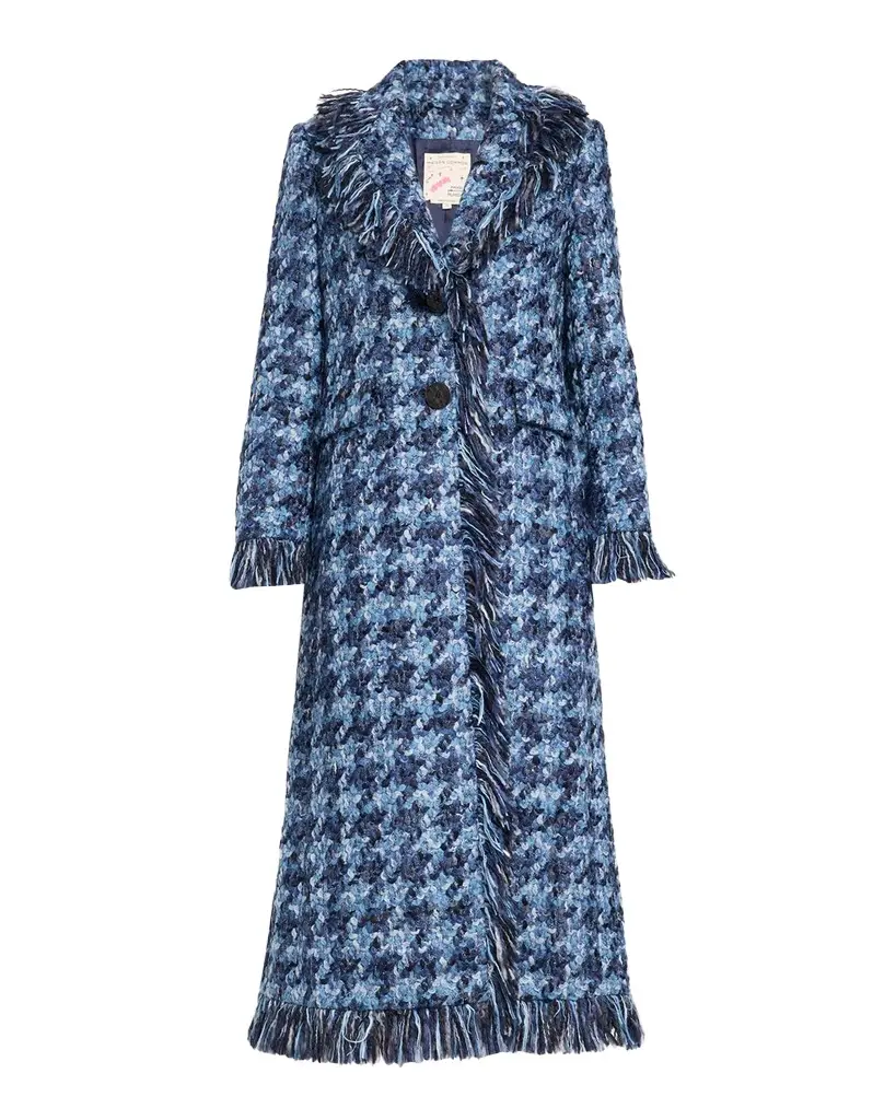 MAISON COMMON Houndstooth Tweed Fringed Single-Breasted Coat