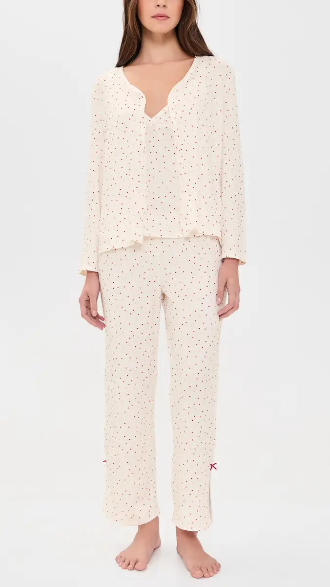 Flora Nikrooz Printed Knit Cardigan Pajama Set With Bows Ivory/Red | Thumbnail 2 Flora Nikrooz Printed Knit Cardigan Pajama Set With Bows Ivory/Red | Thumbnail 2