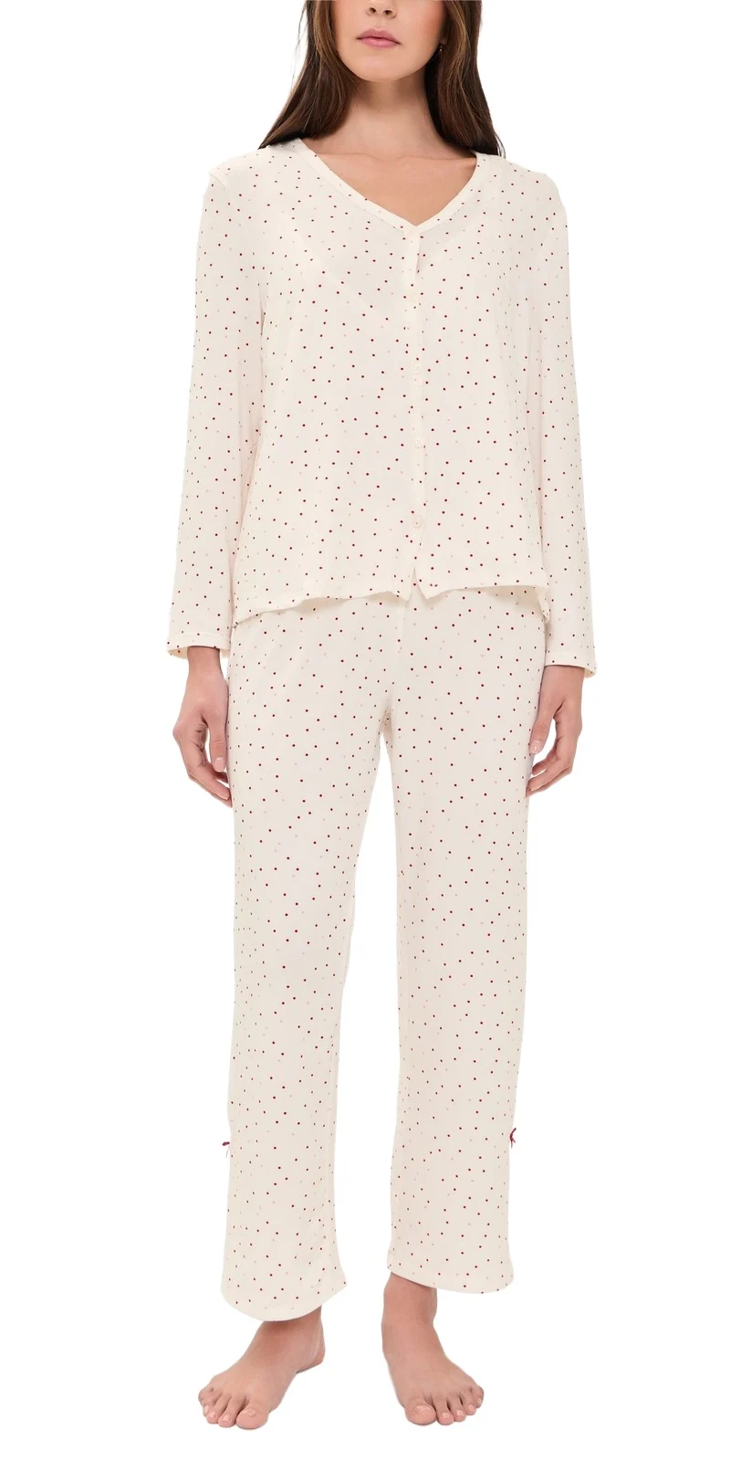 Printed Knit Cardigan Pajama Set With Bows Ivory/Red