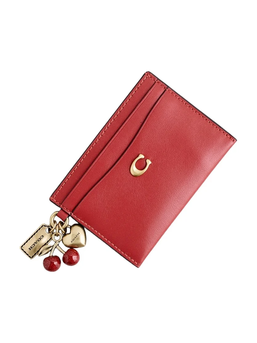Coach Refined Calf Leather Essential Card Case with Charms Poppy