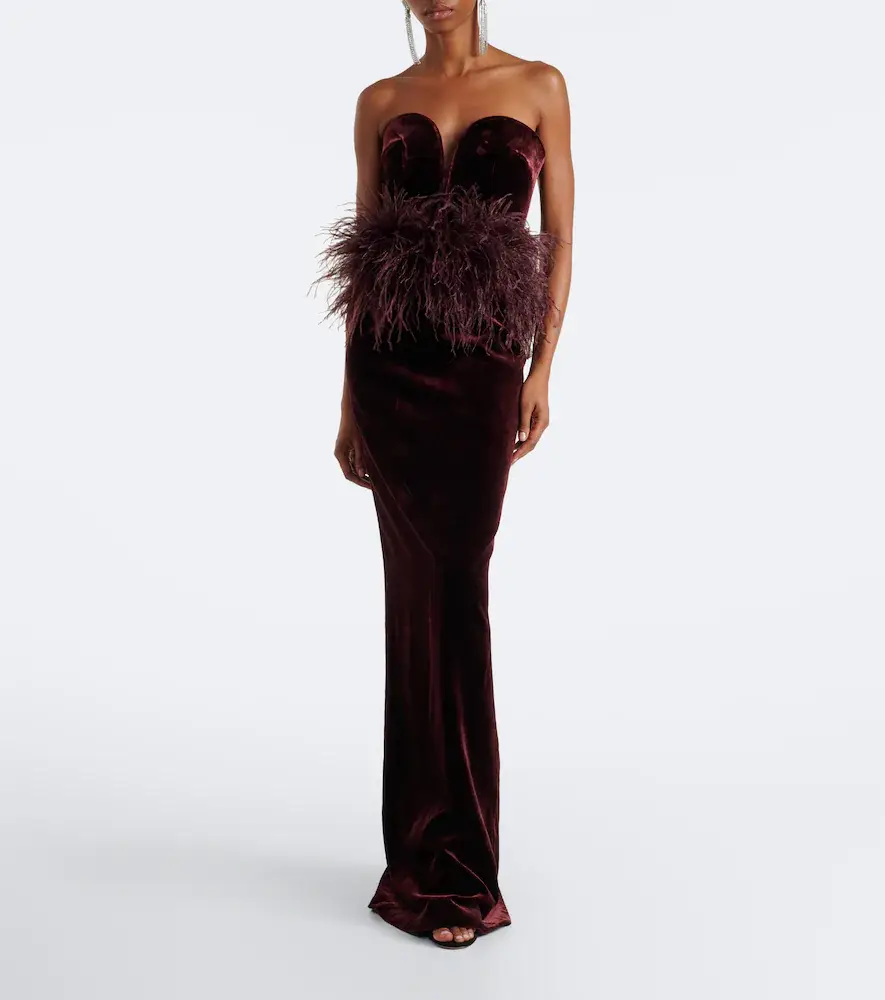 The New Arrivals Ilkyaz Ozel Feather-trimmed velvet bustier gown | Thumbnail 3