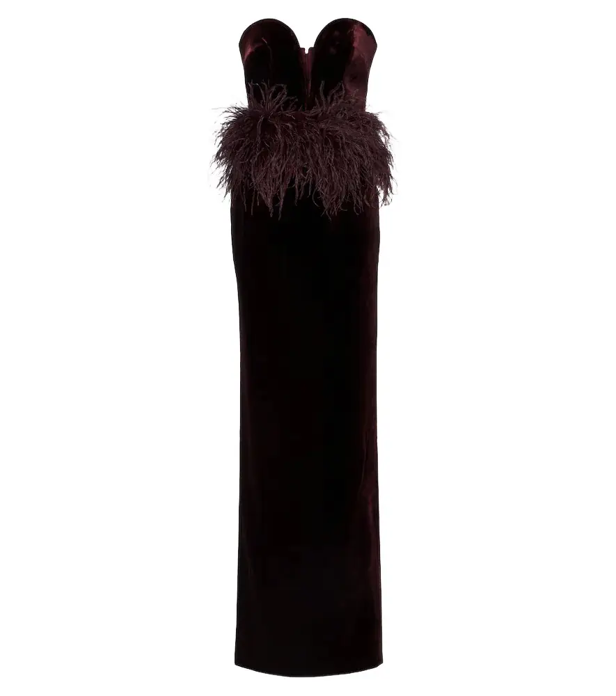 Feather-trimmed velvet bustier gown Feather-trimmed velvet bustier gown