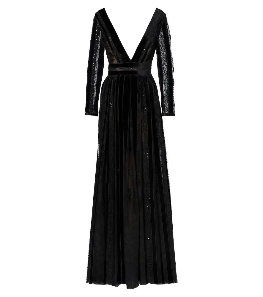 Costarellos Malena sequined lace and velvet gown