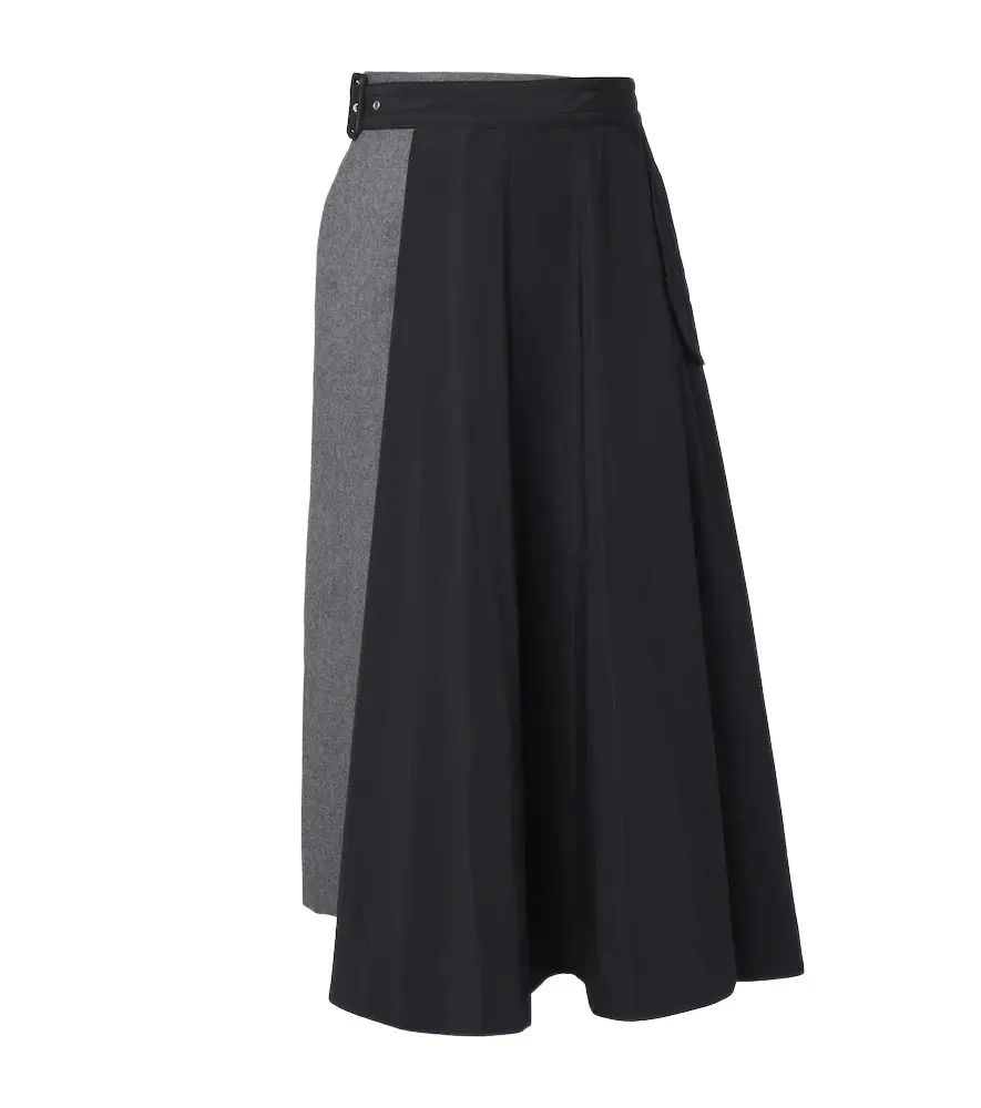 Sacai Paneled taffeta and wool flannel midi skirt