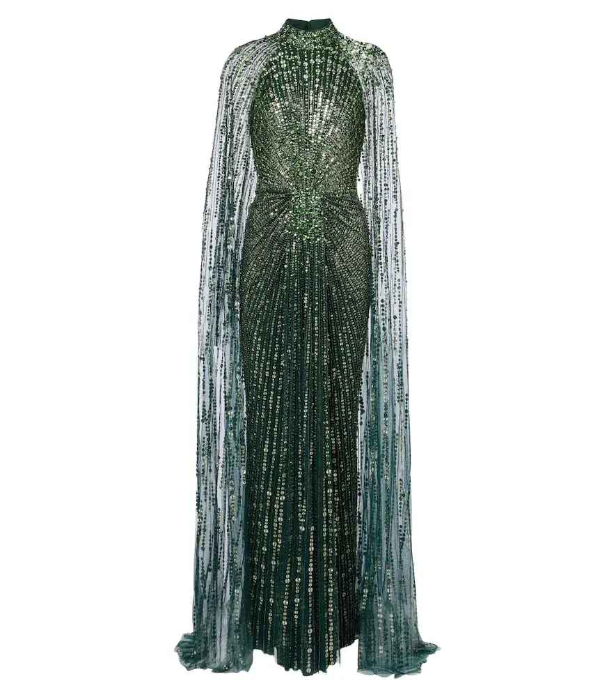 Jenny Packham Cairo embellished gathered caped gown