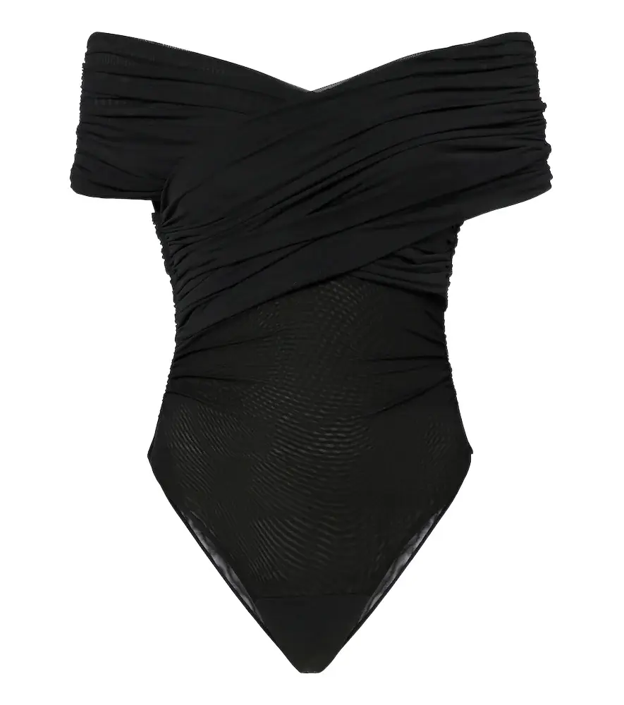 SIR. Off-shoulder ruched mesh bodysuit