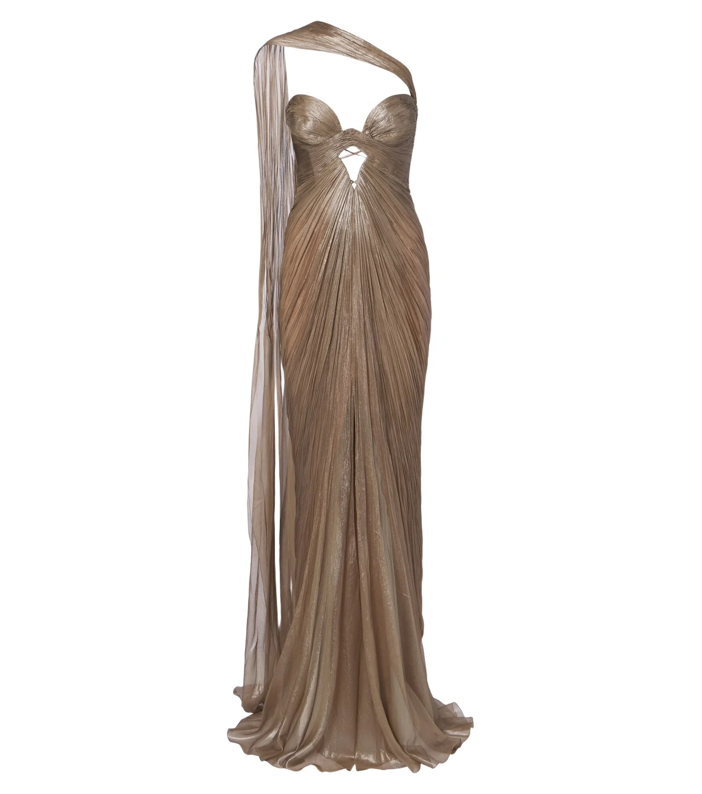 Morgan scarf-detail pleated silk bustier gown