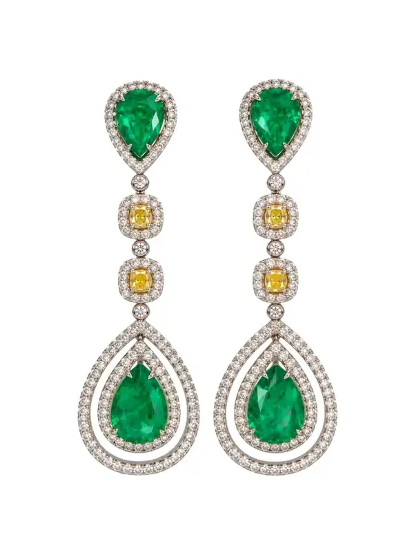 8.00ct Diamond Emerald 18K Gold Drop Earrings