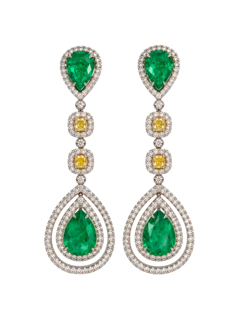 8.00ct Diamond Emerald 18K Gold Drop Earrings