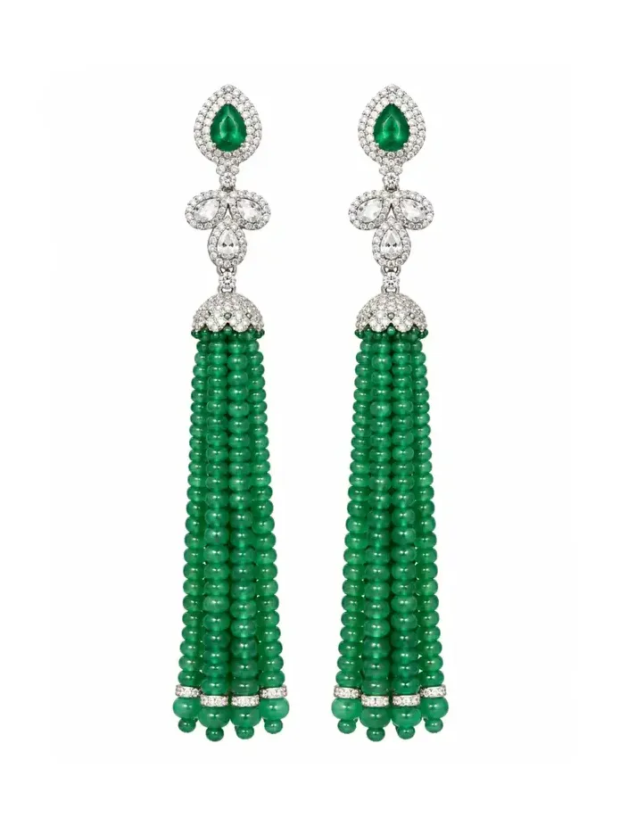 91.62ct Diamond Emerald 18K Gold Statement Fringe Earrings