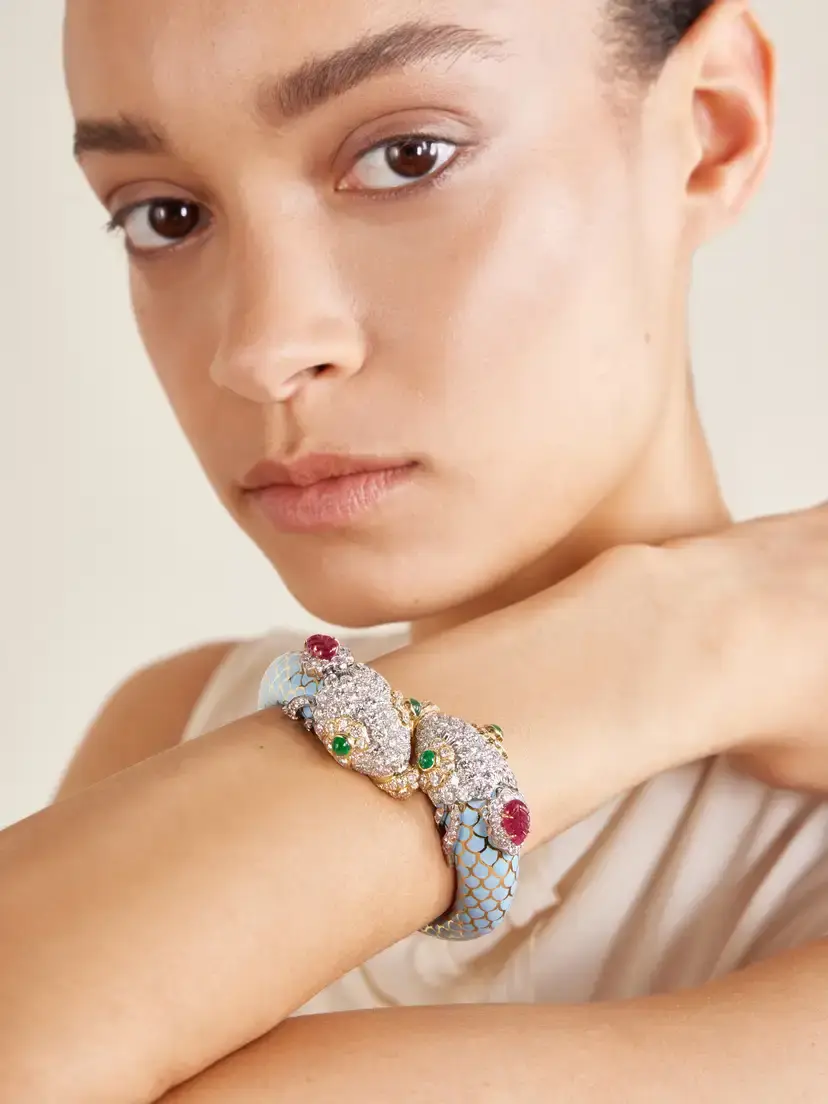 DAVID WEBB Pisces 18-karat Gold And Platinum Diamond, Emerald, Ruby And Enamel Bangle | Thumbnail 2
