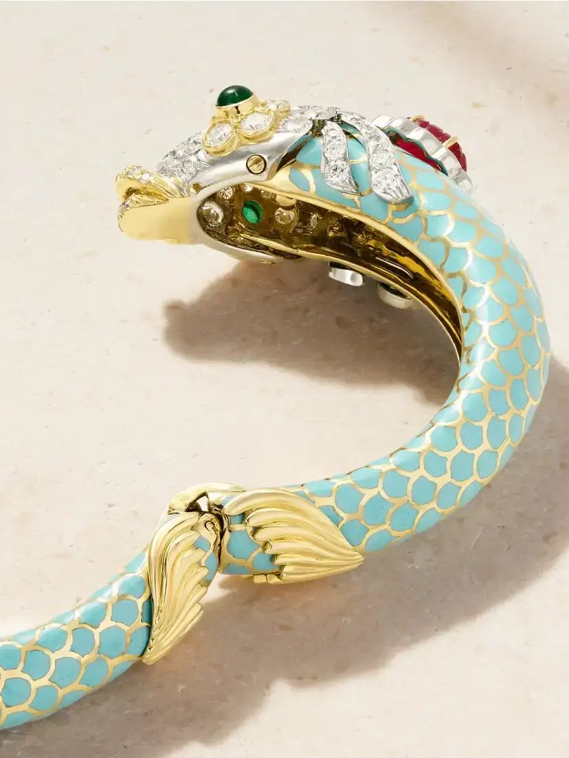 DAVID WEBB Pisces 18-karat Gold And Platinum Diamond, Emerald, Ruby And Enamel Bangle | Thumbnail 3