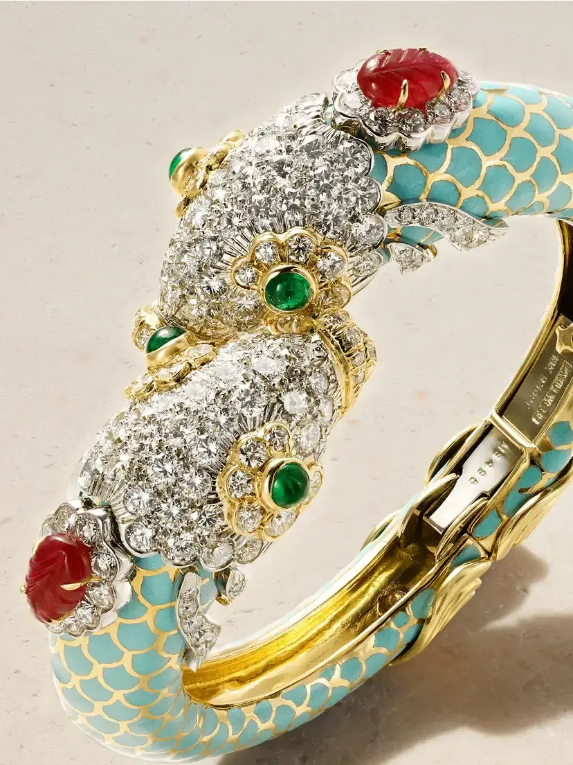 DAVID WEBB Pisces 18-karat Gold And Platinum Diamond, Emerald, Ruby And Enamel Bangle | Thumbnail 4