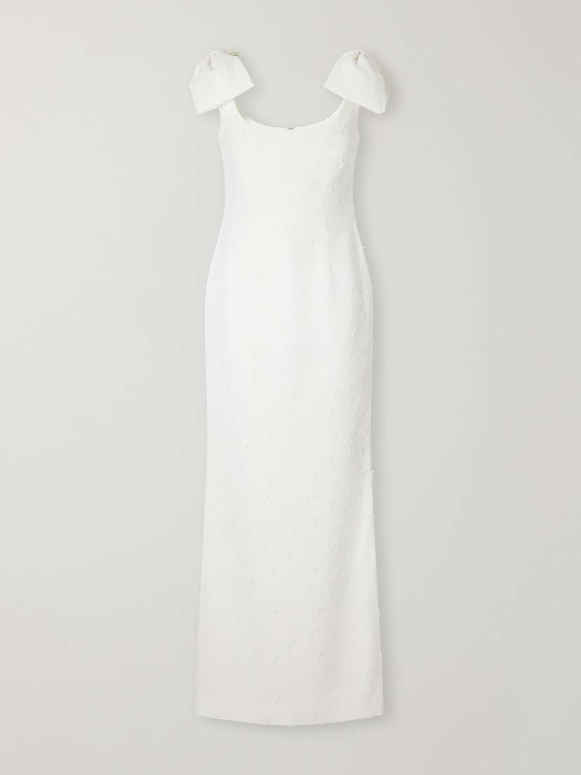Mariee Bow-detailed Embroidered Paneled Crepe Gown Mariee Bow-detailed Embroidered Paneled Crepe Gown