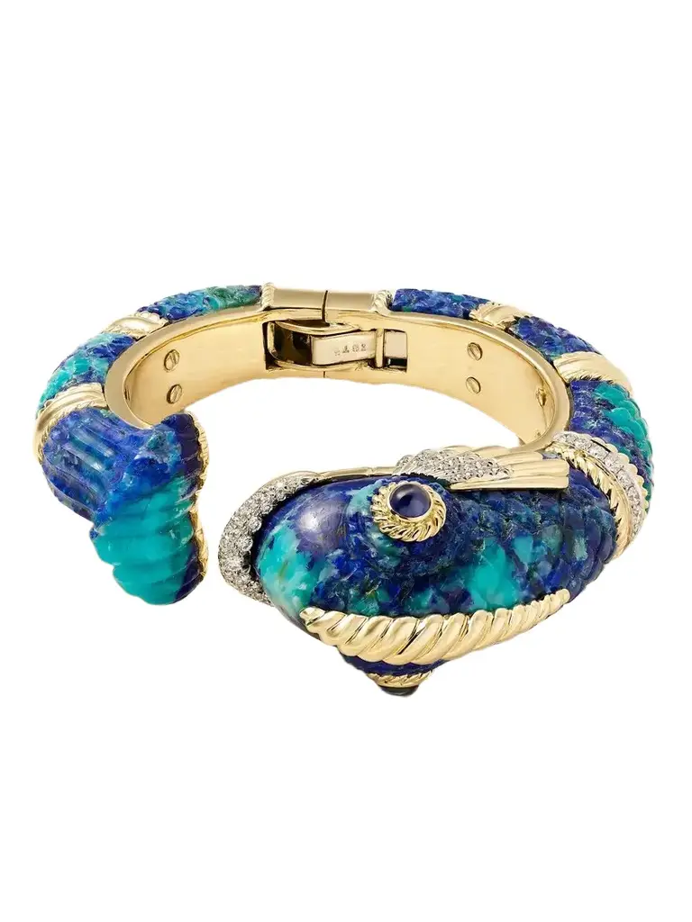 DAVID WEBB Fish 18-karat Gold And Platinum, Azurmalachite And Sapphire Bangle