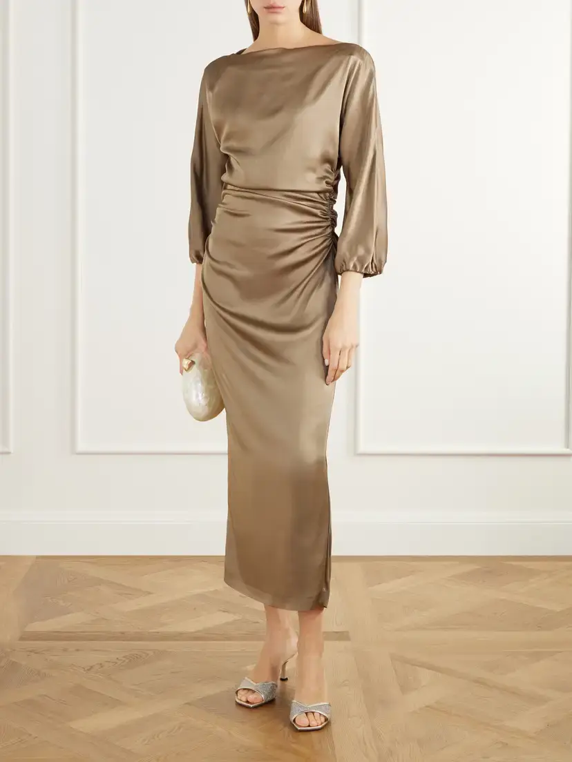 BERNADETTE Ezra Ruched Satin Midi Dress | Thumbnail 2 BERNADETTE Ezra Ruched Satin Midi Dress | Thumbnail 2