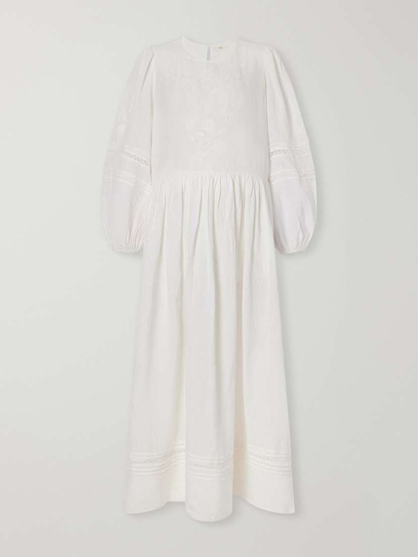 SKALL Velina Gathered Floral-embroidered Lace-trimmed Linen Midi Dress