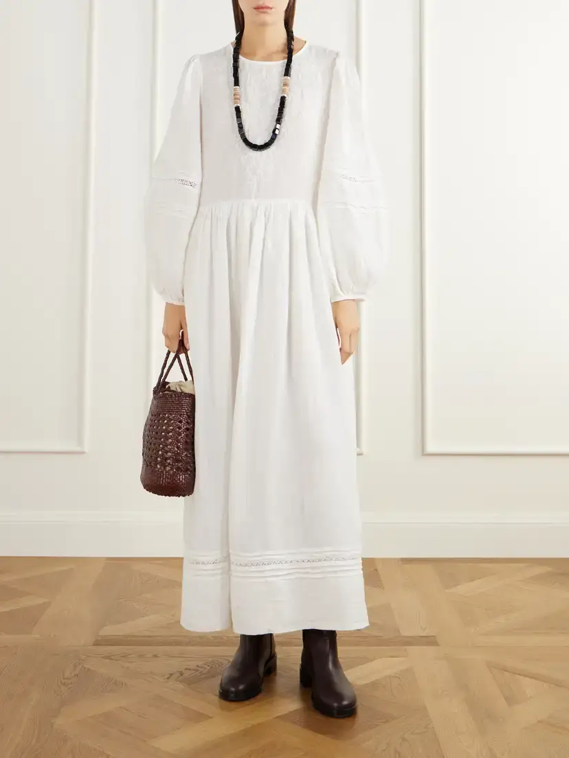 SKALL Velina Gathered Floral-embroidered Lace-trimmed Linen Midi Dress | Thumbnail 2 SKALL Velina Gathered Floral-embroidered Lace-trimmed Linen Midi Dress | Thumbnail 2