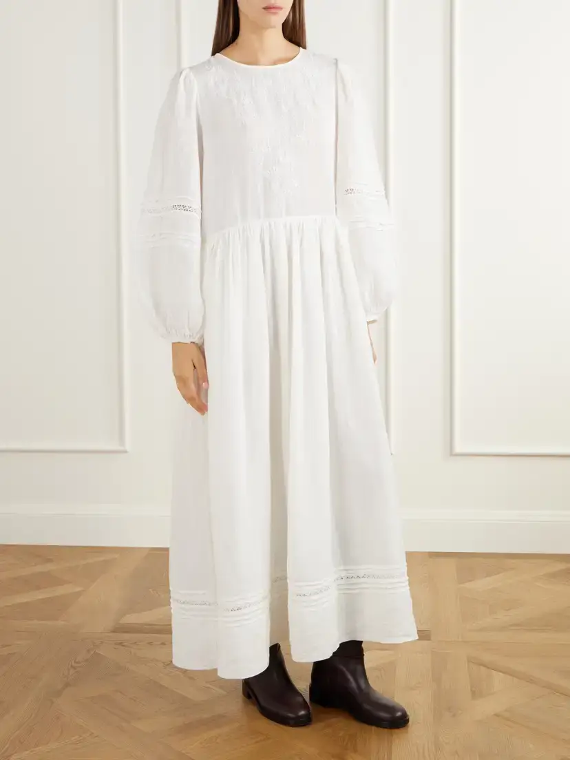 SKALL Velina Gathered Floral-embroidered Lace-trimmed Linen Midi Dress | Thumbnail 3 SKALL Velina Gathered Floral-embroidered Lace-trimmed Linen Midi Dress | Thumbnail 3