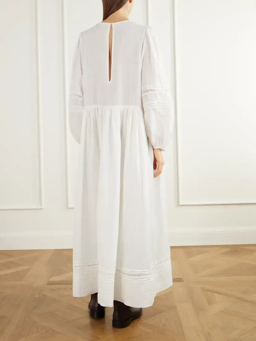 SKALL Velina Gathered Floral-embroidered Lace-trimmed Linen Midi Dress | Thumbnail 4 SKALL Velina Gathered Floral-embroidered Lace-trimmed Linen Midi Dress | Thumbnail 4