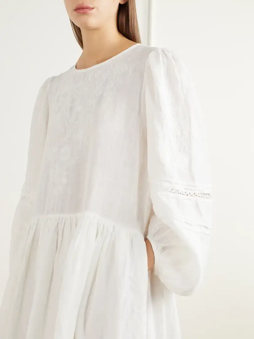 SKALL Velina Gathered Floral-embroidered Lace-trimmed Linen Midi Dress | Thumbnail 5 SKALL Velina Gathered Floral-embroidered Lace-trimmed Linen Midi Dress | Thumbnail 5