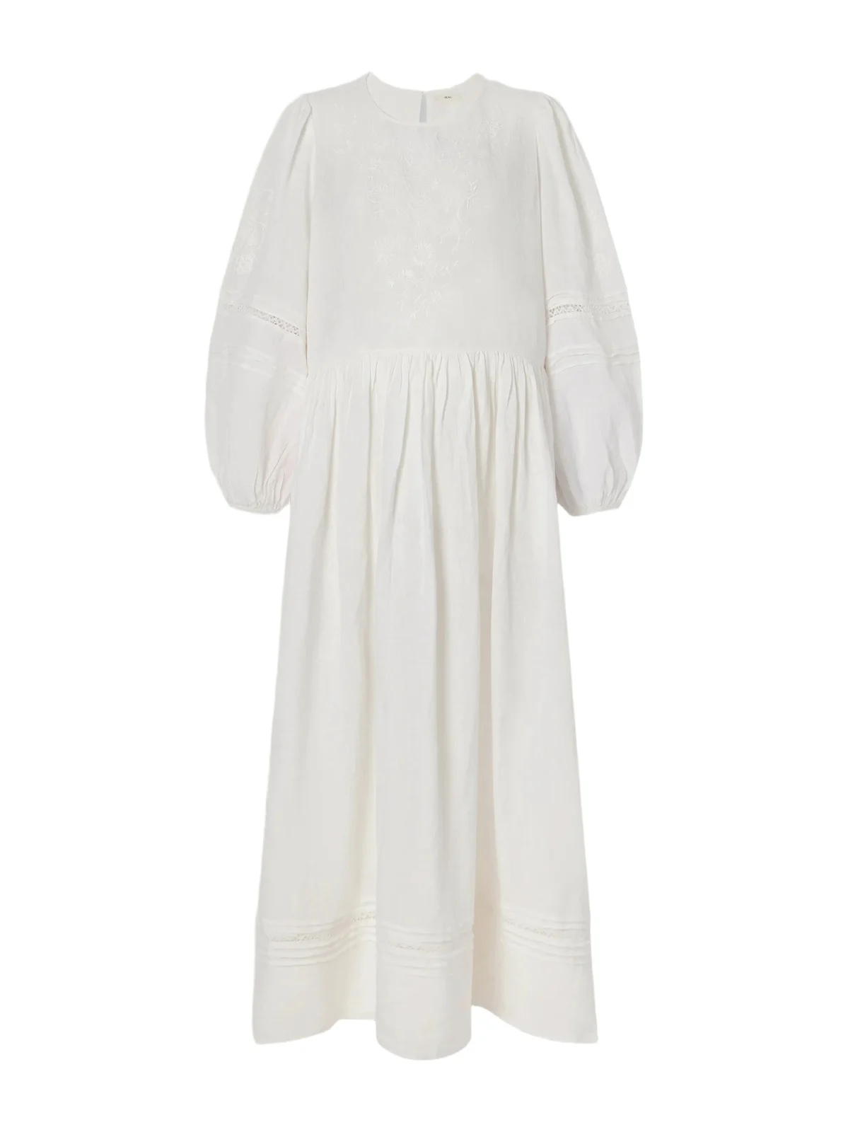 SKALL Velina Gathered Floral-embroidered Lace-trimmed Linen Midi Dress