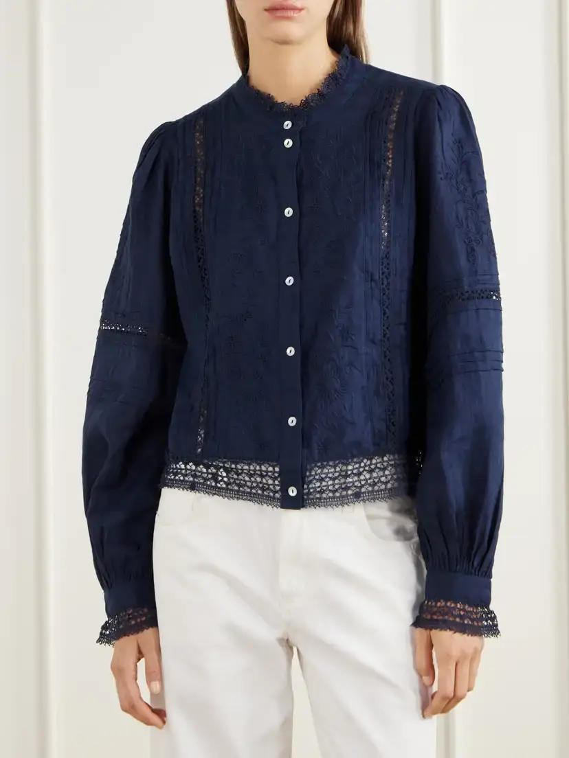 SKALL Velina Gathered Floral-embroidered Lace-trimmed Linen-twill Blouse | Thumbnail 3 SKALL Velina Gathered Floral-embroidered Lace-trimmed Linen-twill Blouse | Thumbnail 3
