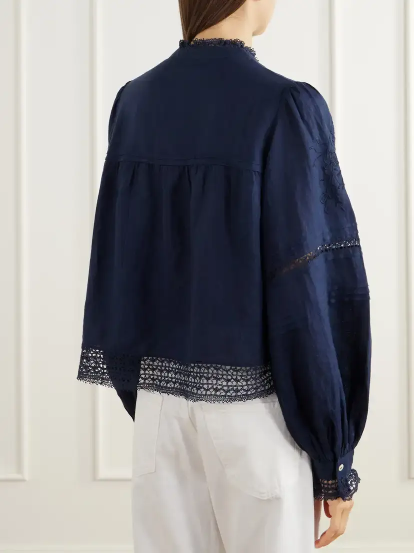 SKALL Velina Gathered Floral-embroidered Lace-trimmed Linen-twill Blouse | Thumbnail 4 SKALL Velina Gathered Floral-embroidered Lace-trimmed Linen-twill Blouse | Thumbnail 4