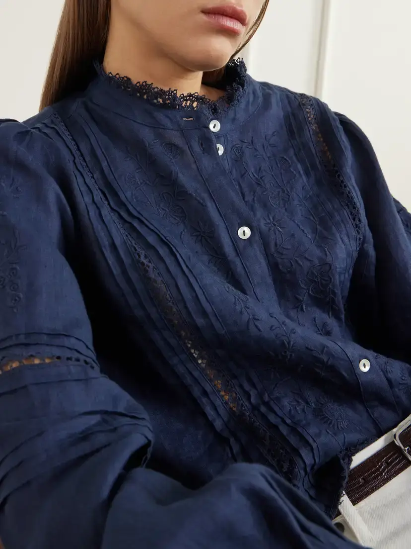 SKALL Velina Gathered Floral-embroidered Lace-trimmed Linen-twill Blouse | Thumbnail 5 SKALL Velina Gathered Floral-embroidered Lace-trimmed Linen-twill Blouse | Thumbnail 5