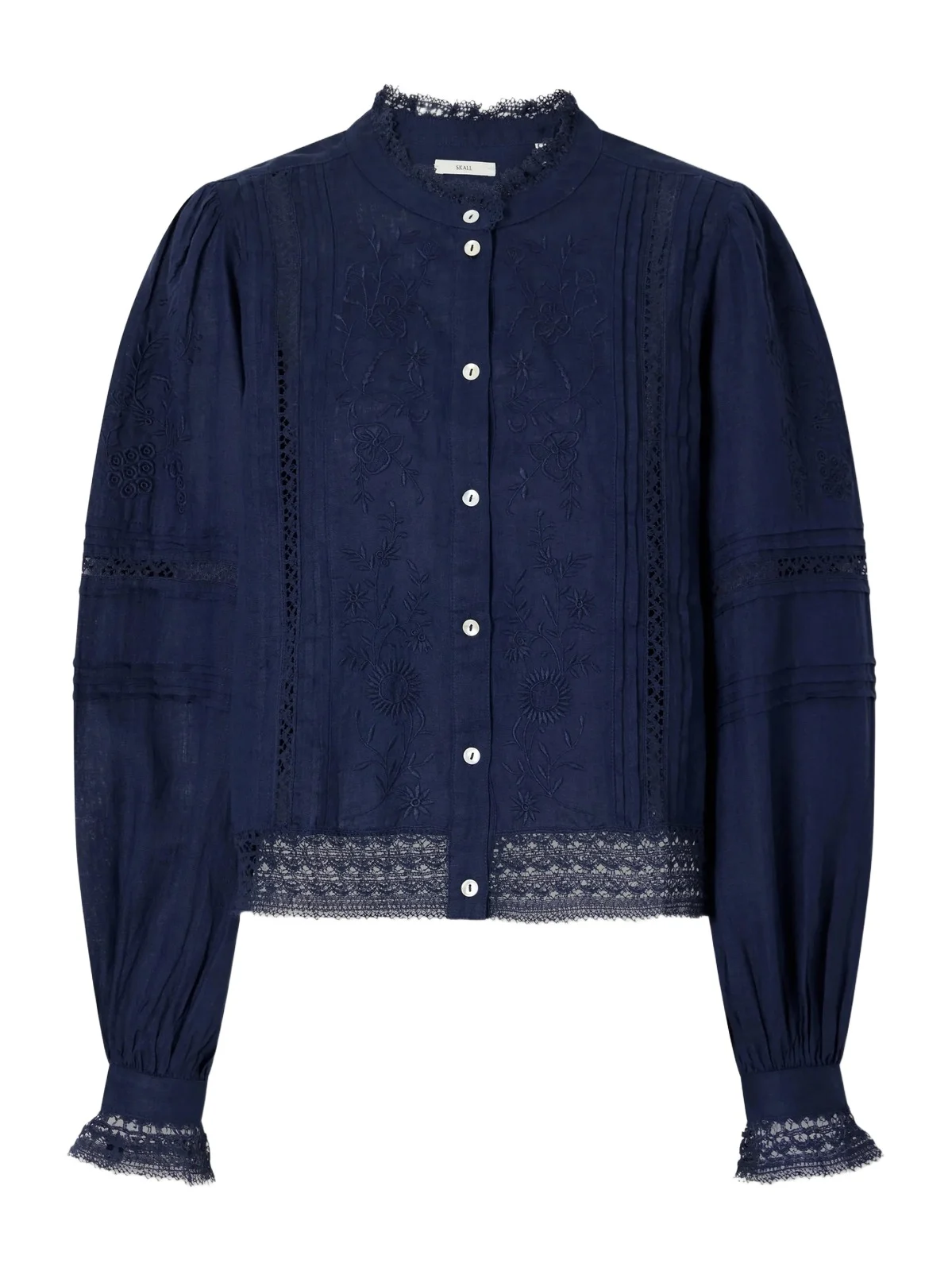 SKALL Velina Gathered Floral-embroidered Lace-trimmed Linen-twill Blouse