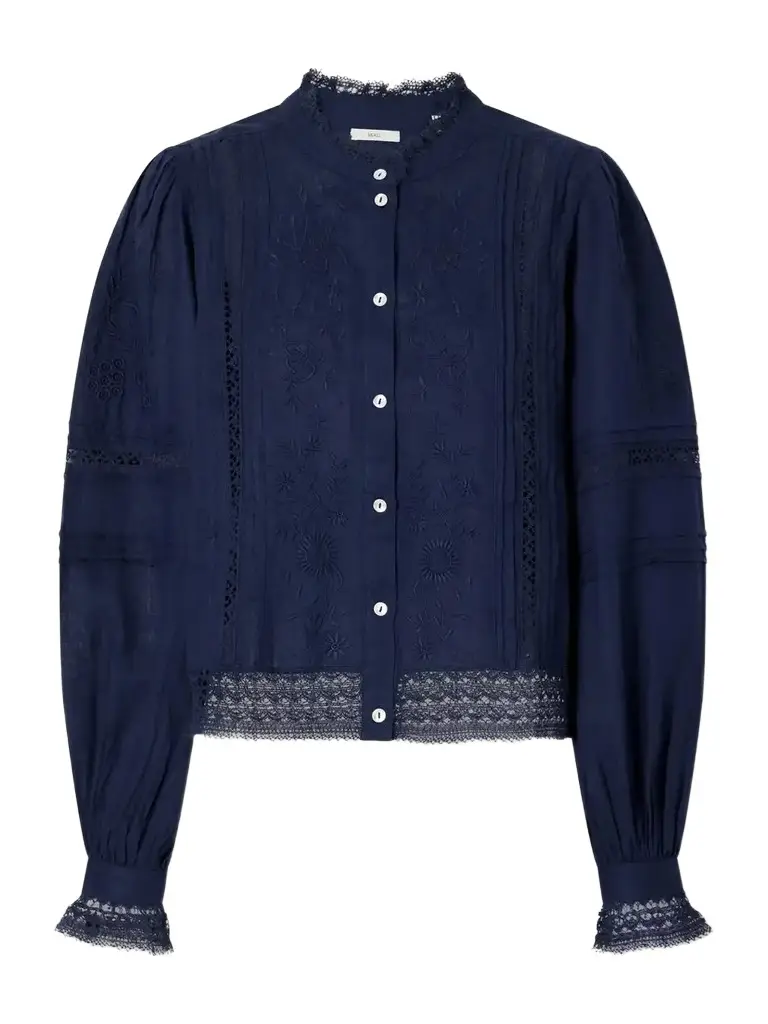SKALL Velina Gathered Floral-embroidered Lace-trimmed Linen-twill Blouse