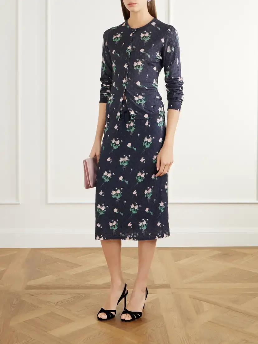 BERNADETTE Katia Floral-print Pointelle-knit Silk, Wool And Cashmere-blend Knee-length Skirt | Thumbnail 2 BERNADETTE Katia Floral-print Pointelle-knit Silk, Wool And Cashmere-blend Knee-length Skirt | Thumbnail 2