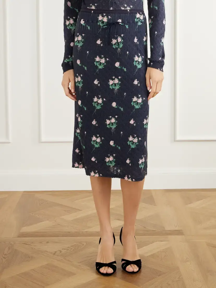 BERNADETTE Katia Floral-print Pointelle-knit Silk, Wool And Cashmere-blend Knee-length Skirt | Thumbnail 3 BERNADETTE Katia Floral-print Pointelle-knit Silk, Wool And Cashmere-blend Knee-length Skirt | Thumbnail 3