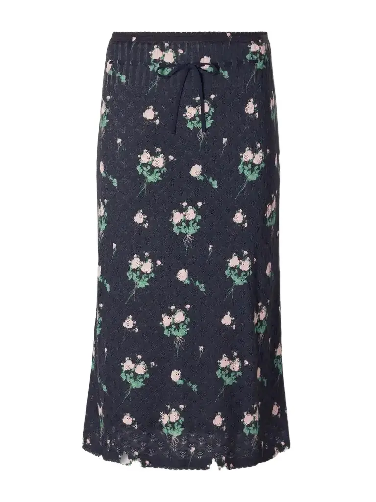 BERNADETTE Katia Floral-print Pointelle-knit Silk, Wool And Cashmere-blend Knee-length Skirt